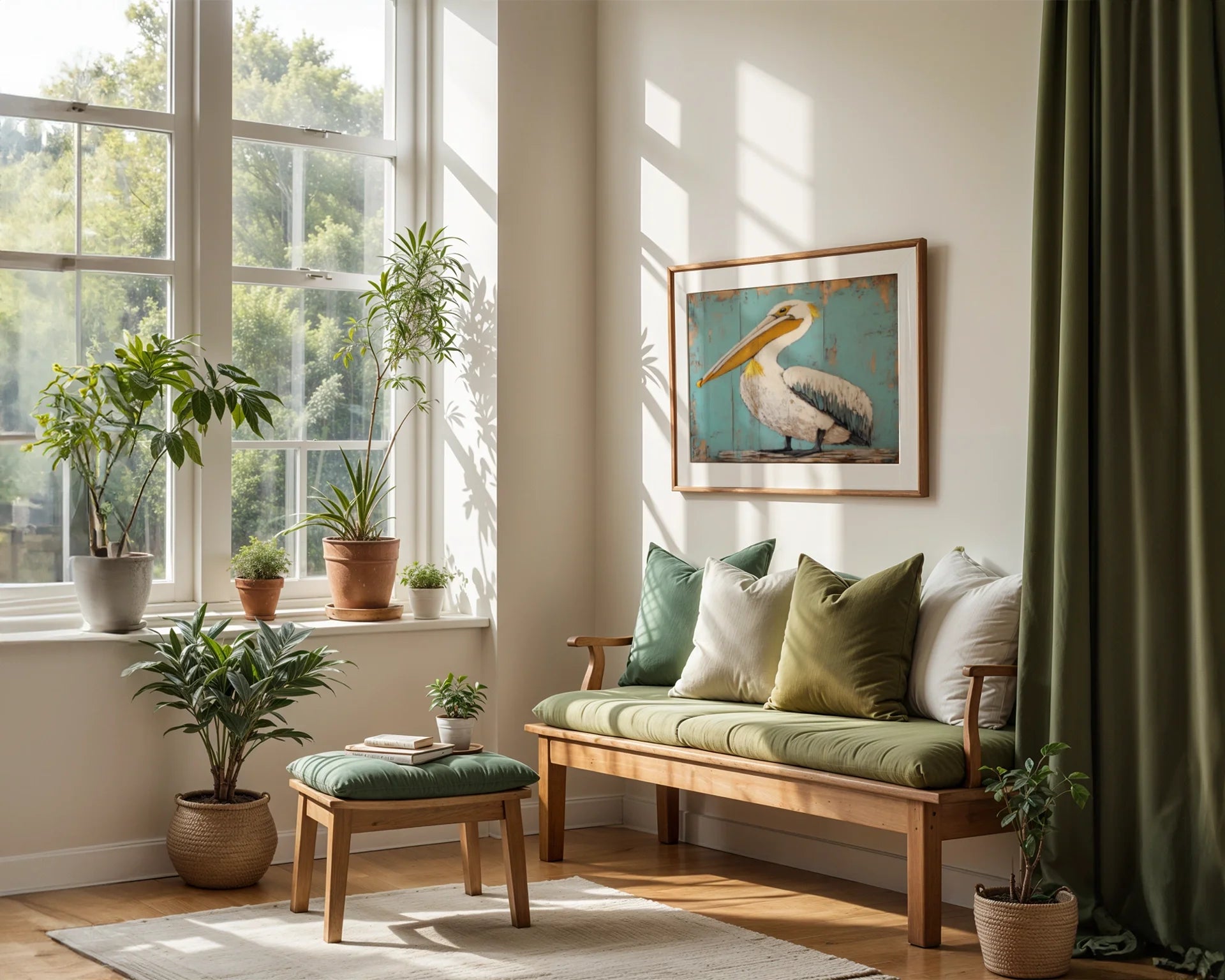 Coastal Bird Canvas Art Pelican Turquoise Shutters Print — Retro seaside print showing elegant fishing bird posed beside faded aqua shutters for classic decor