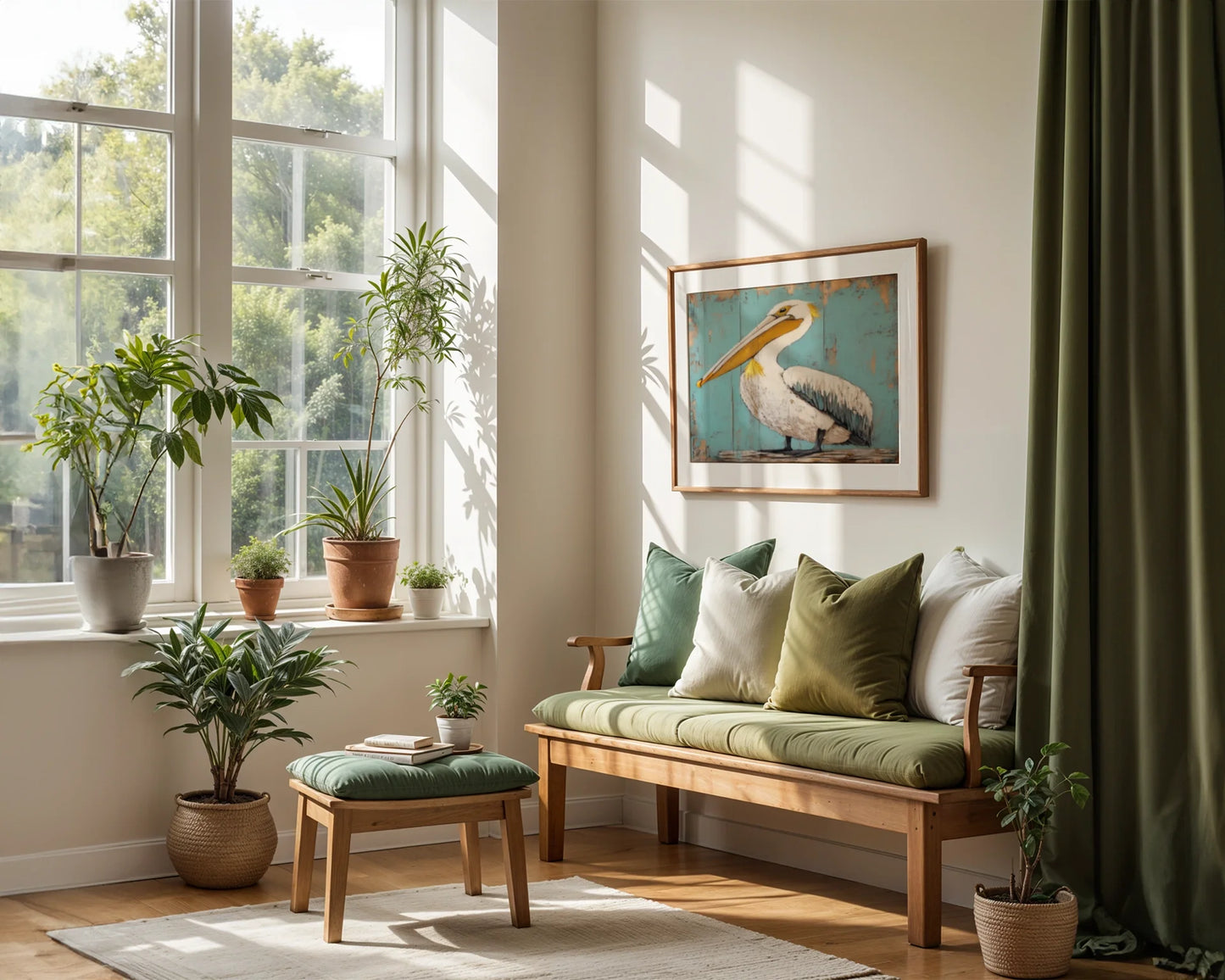 Coastal Bird Art Pelican Turquoise Shutters Print in room