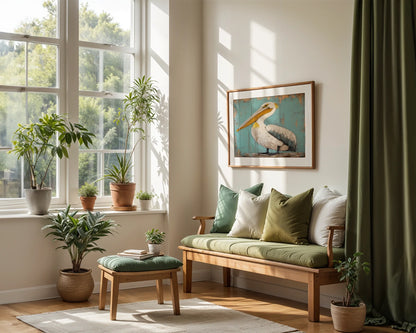 Coastal Bird Art Pelican Turquoise Shutters Print in room