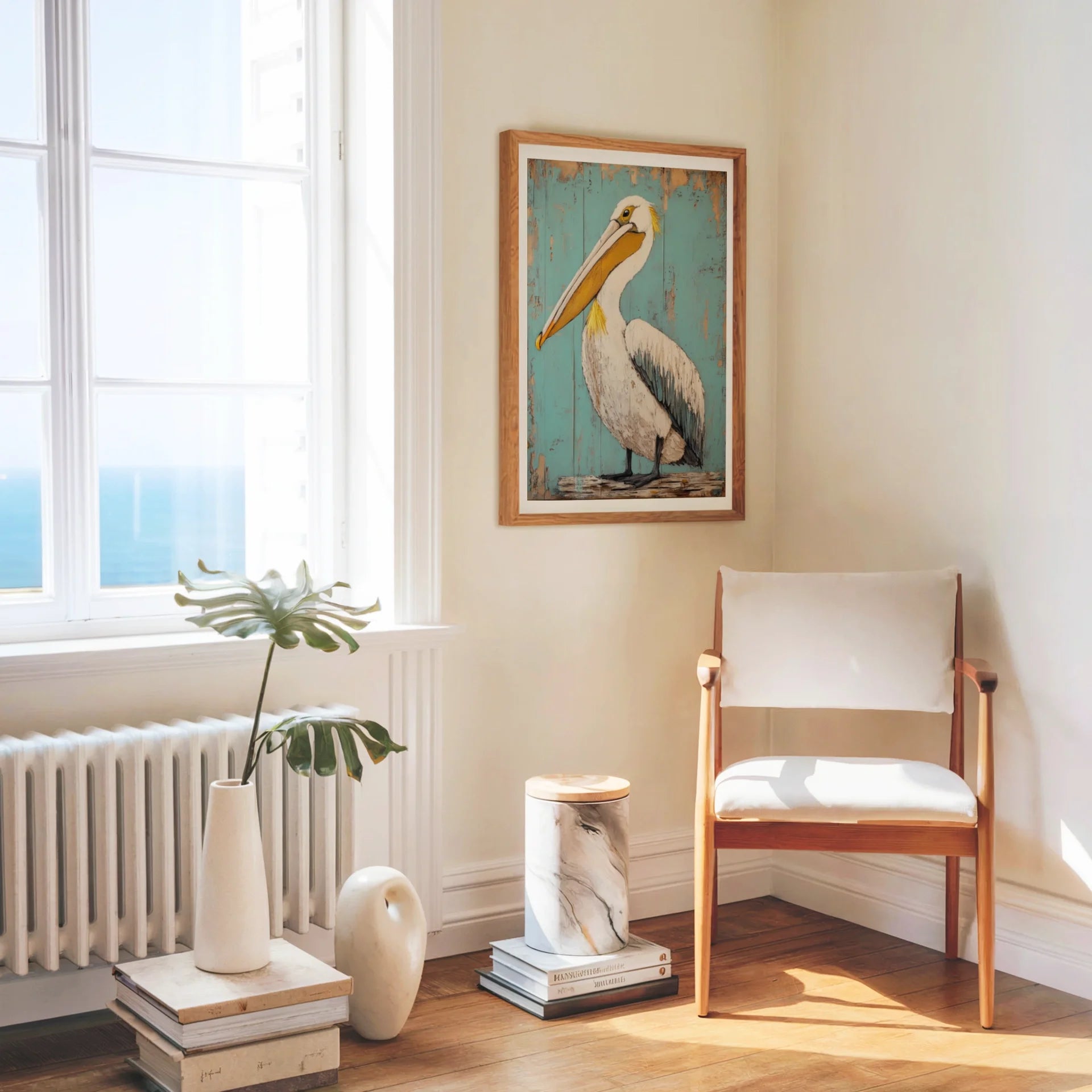 Coastal Bird Art Pelican Turquoise Shutters Print in room