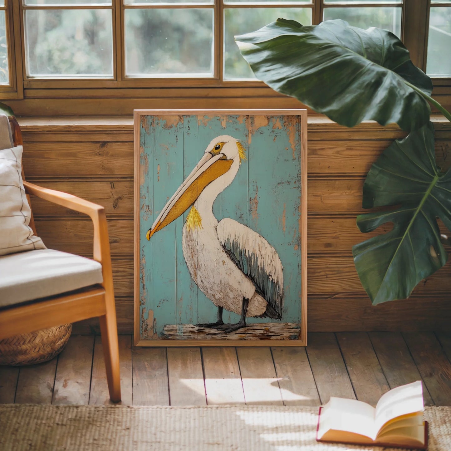 Coastal Bird Art Pelican Turquoise Shutters Print in room
