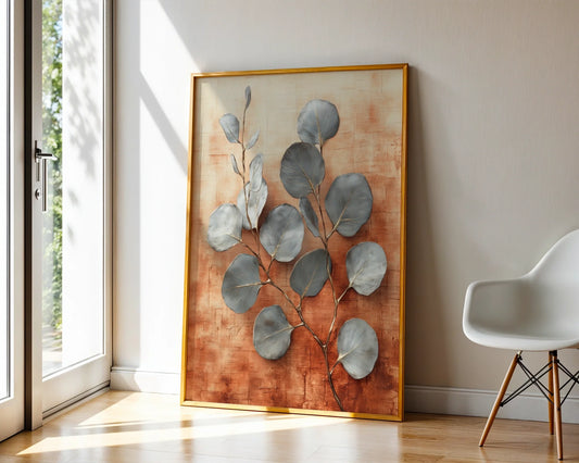 Eucalyptus Branch Canvas Wall Art Copper Silver Metallic Boho — Bohemian canvas art featuring ethereal foliage in burnished tones for eclectic home styling