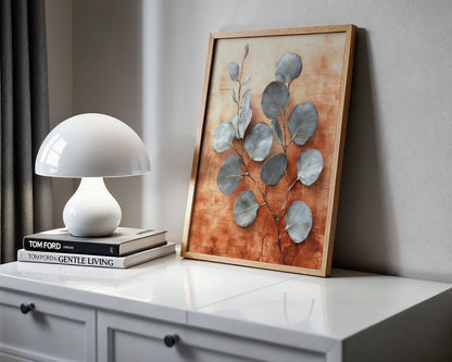 Eucalyptus Branch Canvas Wall Art Copper Silver Metallic Boho — Free-spirited artwork showcases delicate stems in warm metallic hues for bohemian interiors
