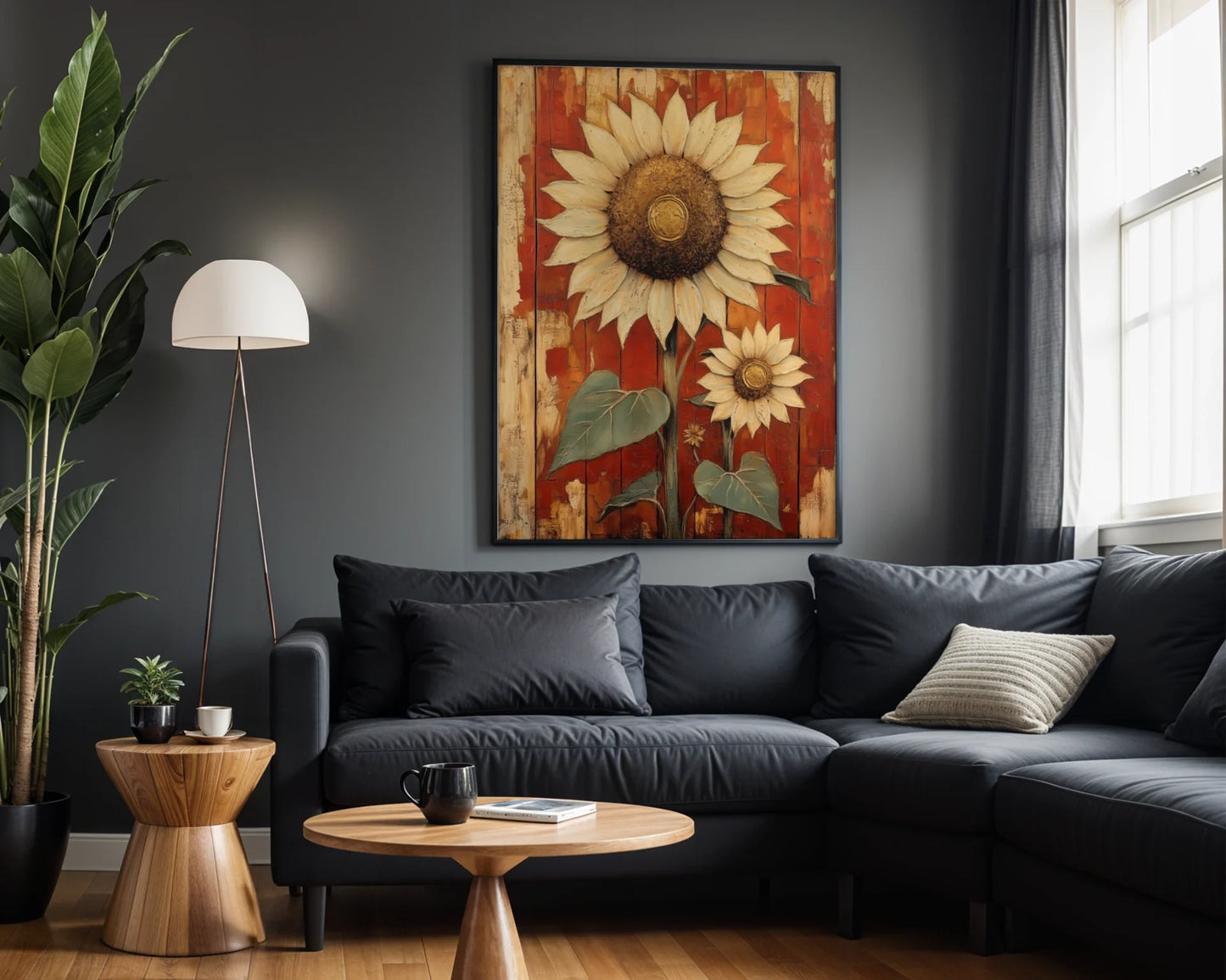Rustic Sunflower Art Weathered Barn Wood Canvas Wall Art — Country home canvas displaying yellow blooms against reclaimed timber for cottage interior design