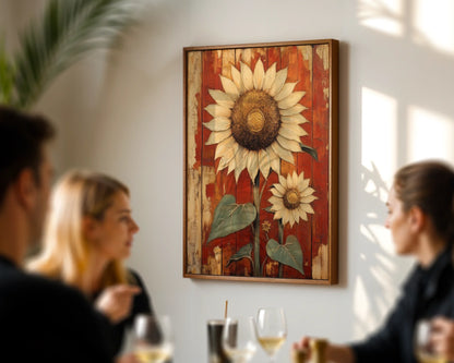 Rustic Sunflower Art Weathered Barn Wood Canvas Wall Art — Antique-style floral print with patina finish and natural wood grain for cottage home decorating
