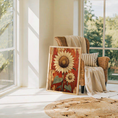 Rustic Sunflower Art Weathered Barn Wood Canvas Wall Art — Rustic botanical canvas art showing autumn flowers on barnwood backdrop for vintage home accents