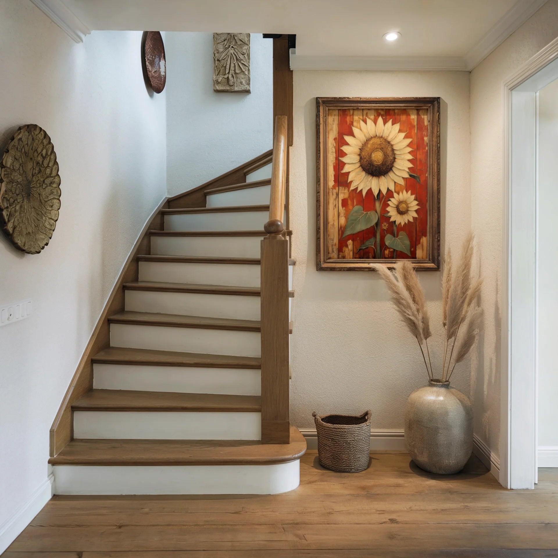 Rustic Sunflower Art Weathered Barn Wood Canvas Wall Art — Burnt sienna and cream toned canvas print with copper highlights for warm rustic home decor