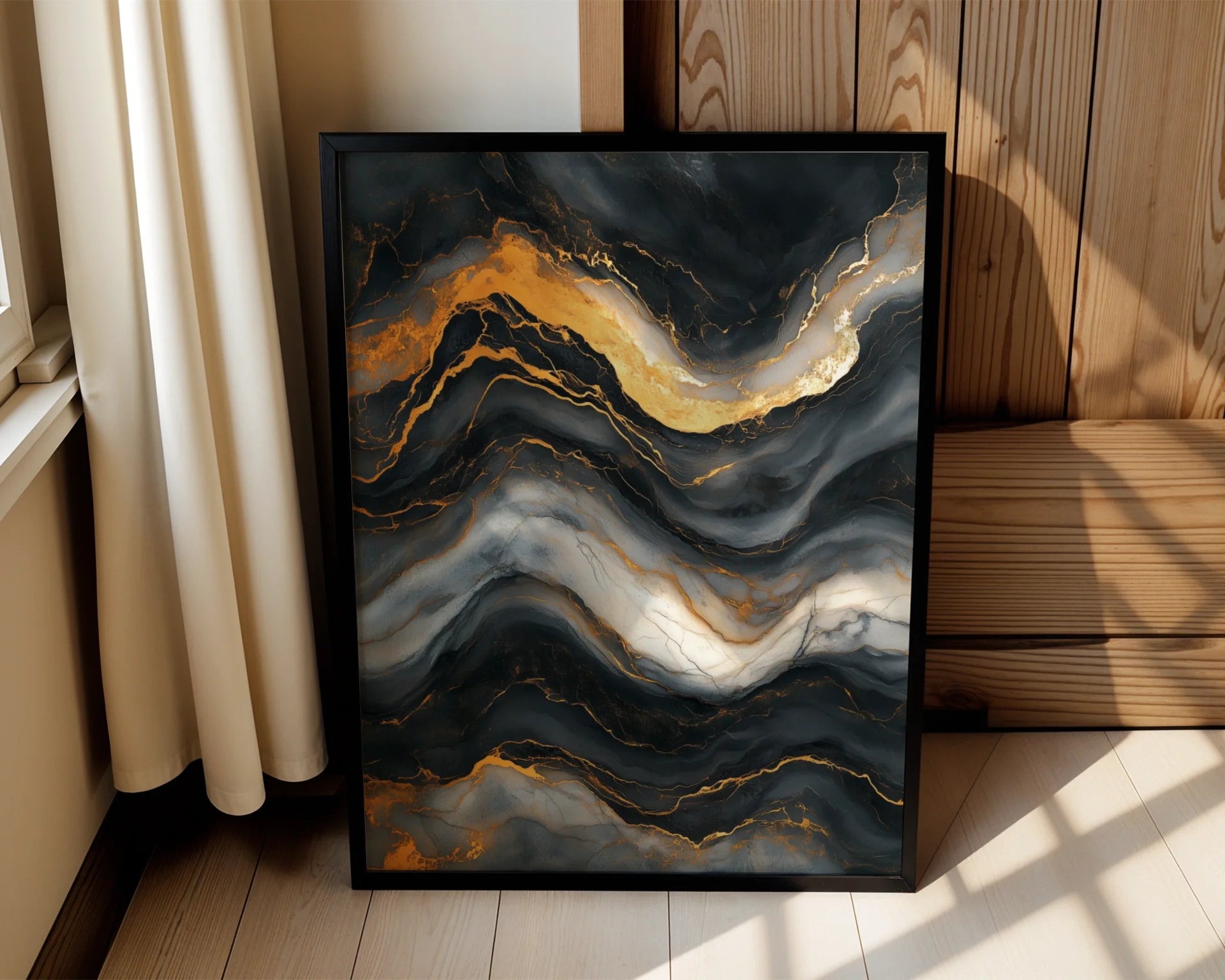 Gold Veins Charcoal Stone Liquid Flow Canvas Wall Art — Sleek canvas featuring golden streams weaving through smoky rock formations for upscale interiors