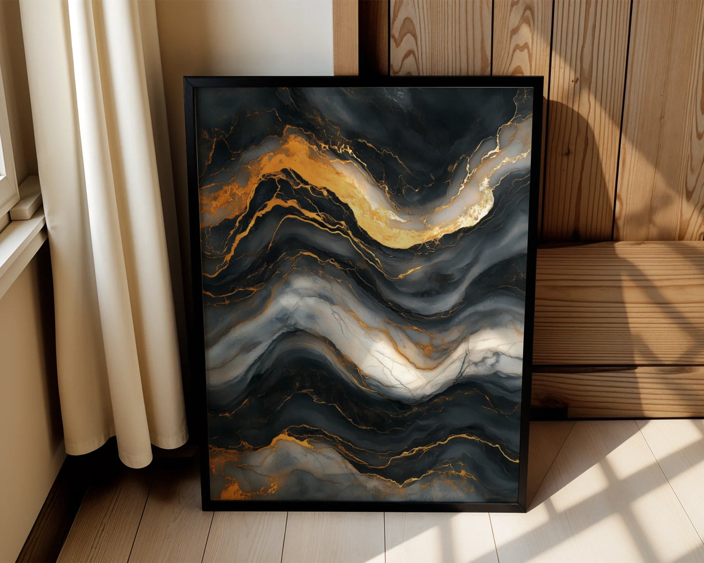 Gold Veins Charcoal Stone Liquid Flow in room