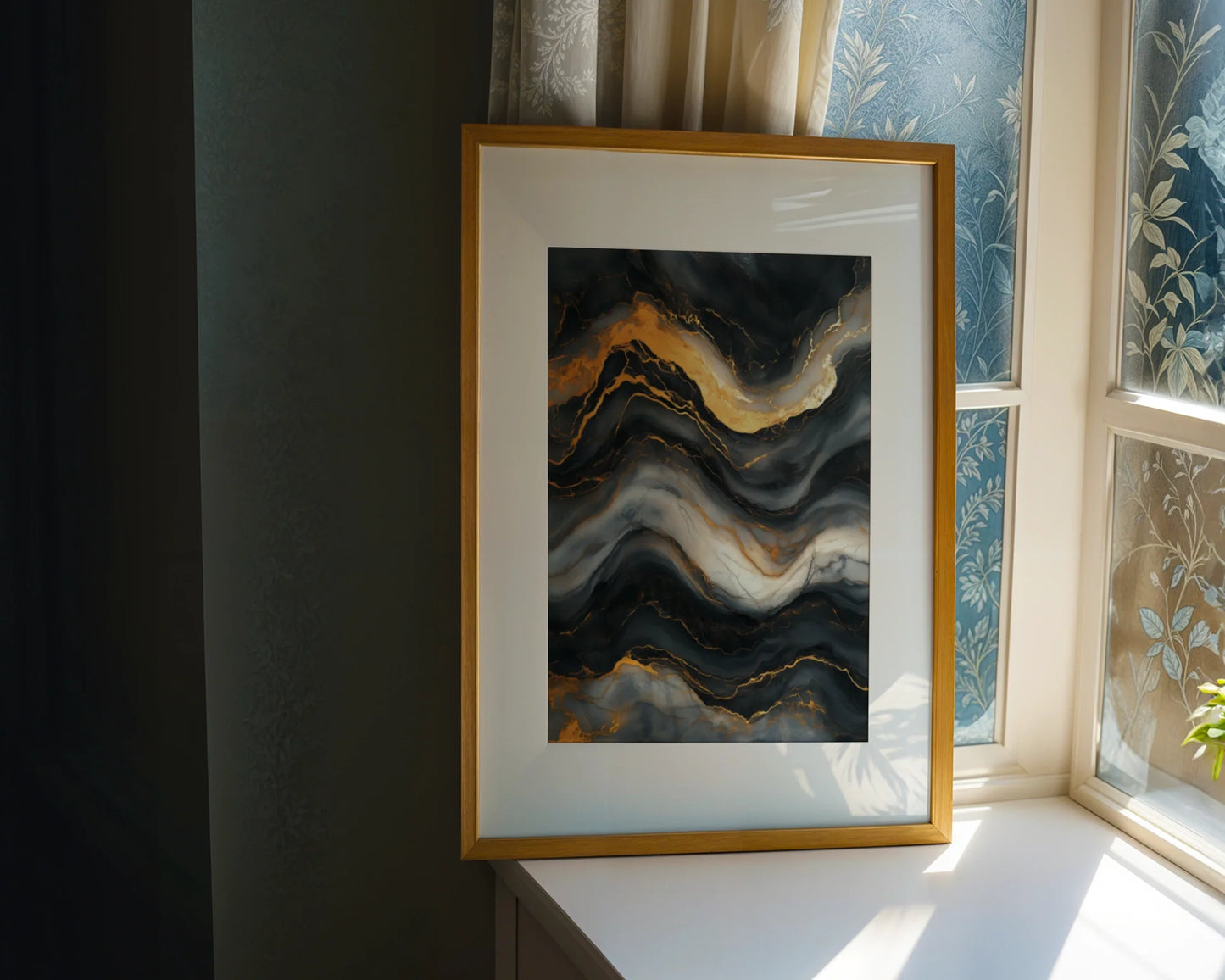 Gold Veins Charcoal Stone Liquid Flow Canvas Wall Art — Artistic print showcasing metallic rivers flowing across granite surface in curated living spaces