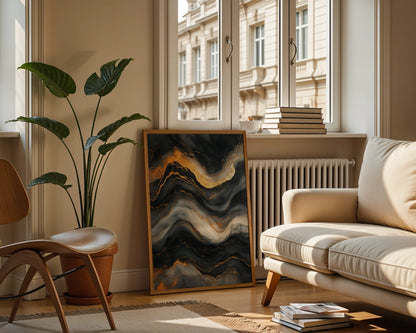 Gold Veins Charcoal Stone Liquid Flow in room