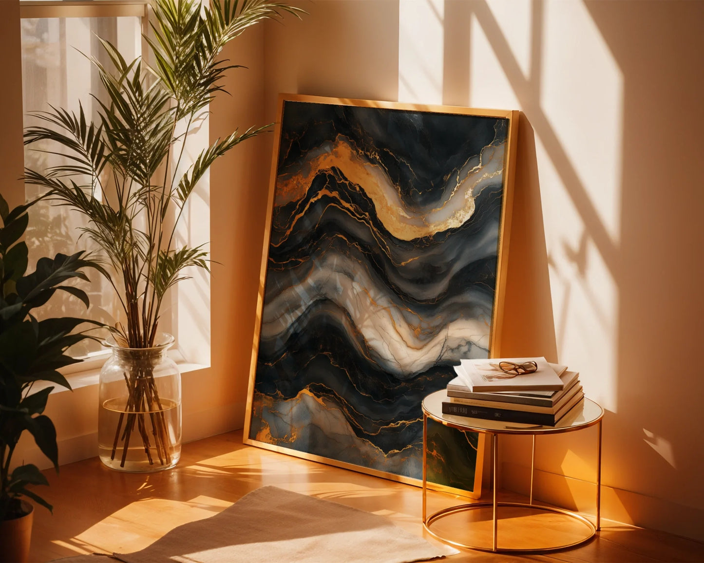 Gold Veins Charcoal Stone Liquid Flow Canvas Wall Art — Refined wall piece with bronze ribbons cascading over storm-colored stone for elegant spaces