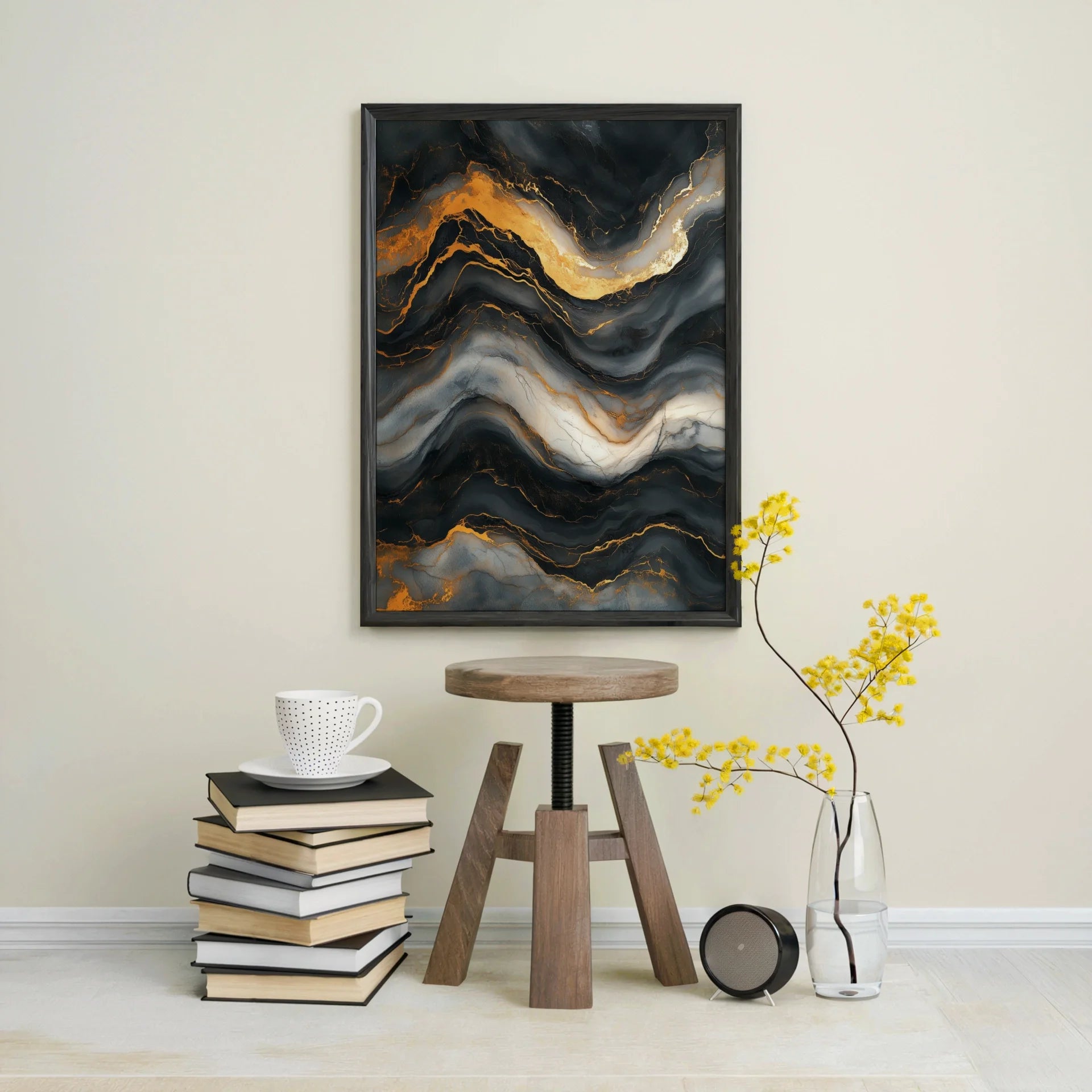 Gold Veins Charcoal Stone Liquid Flow in room