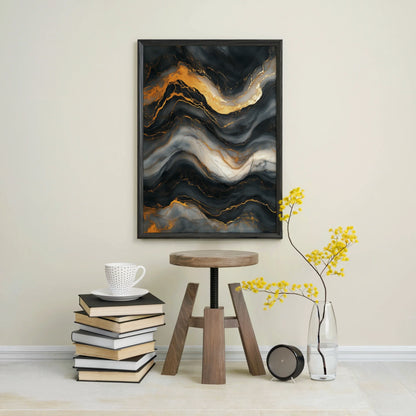 Gold Veins Charcoal Stone Liquid Flow in room