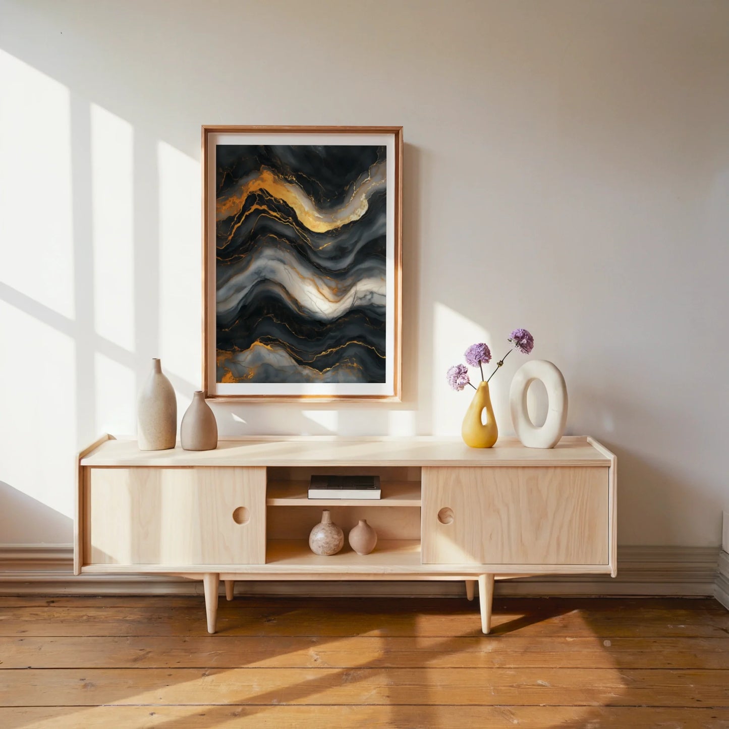 Gold Veins Charcoal Stone Liquid Flow in room