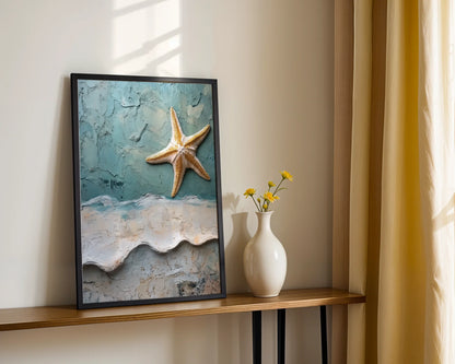 Ocean Waves Starfish Textured Coastal Canvas Wall Art Print — Serene seaside artwork featuring floating starfish over rolling waves in contemporary living space