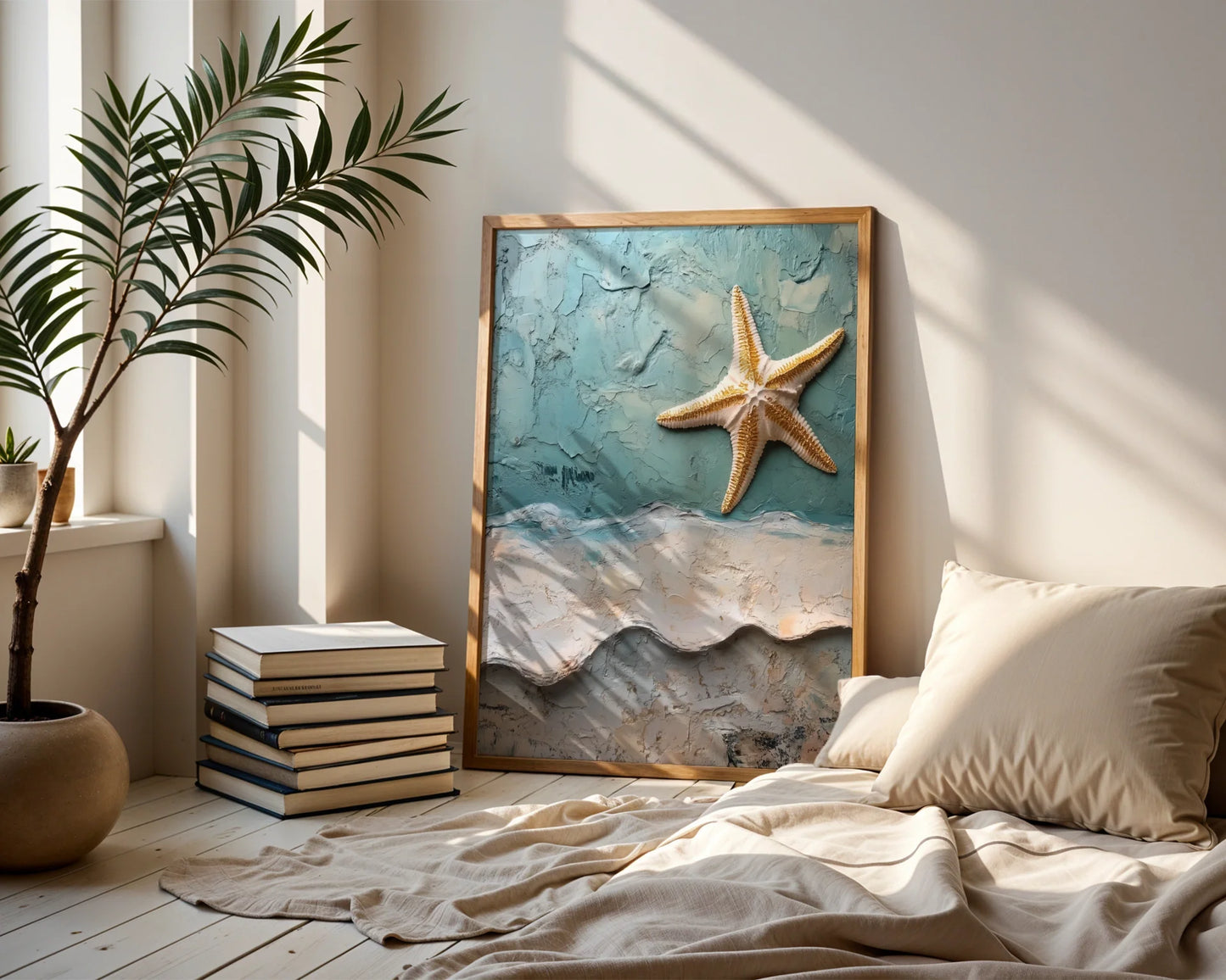 Ocean Waves Starfish Textured Coastal Print in room