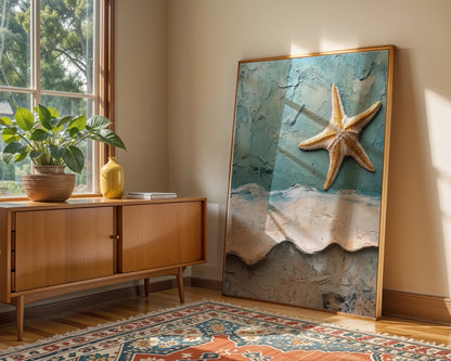 Ocean Waves Starfish Textured Coastal Print in room