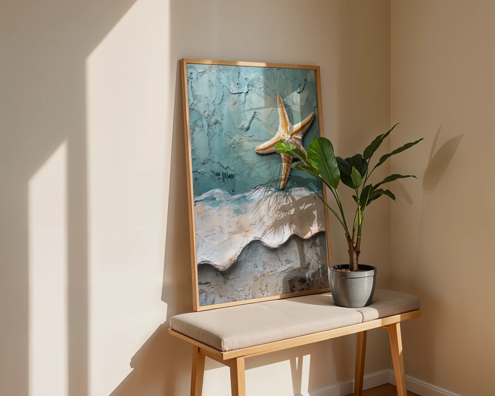Ocean Waves Starfish Textured Coastal Print in room