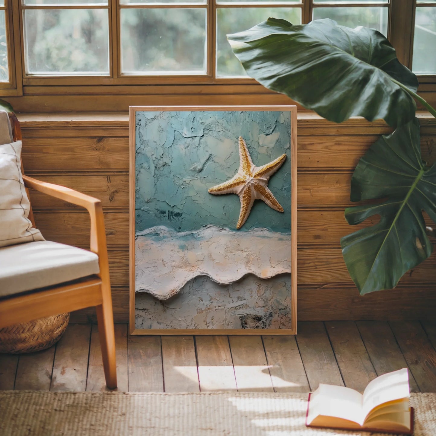 Ocean Waves Starfish Textured Coastal Canvas Wall Art Print — Vintage-style sea life canvas showing starfish hovering over gentle wave forms in eclectic home