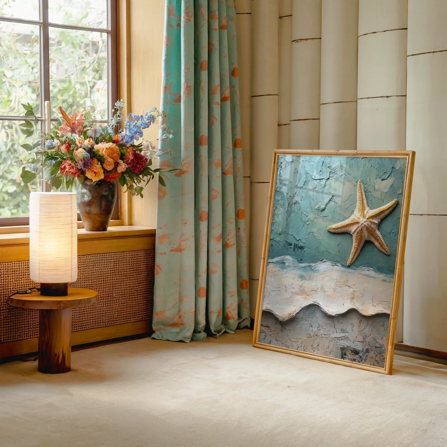 Ocean Waves Starfish Textured Coastal Canvas Wall Art Print — Soft aqua and cream tones create dreamy seascape with raised plaster wave textures on canvas