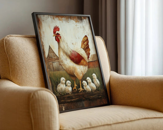 Farmhouse Chicken Art Mother Hen with Chicks Canvas Wall Art — Framed canvas displaying protective hen with fluffy chicks in country cottage aesthetic