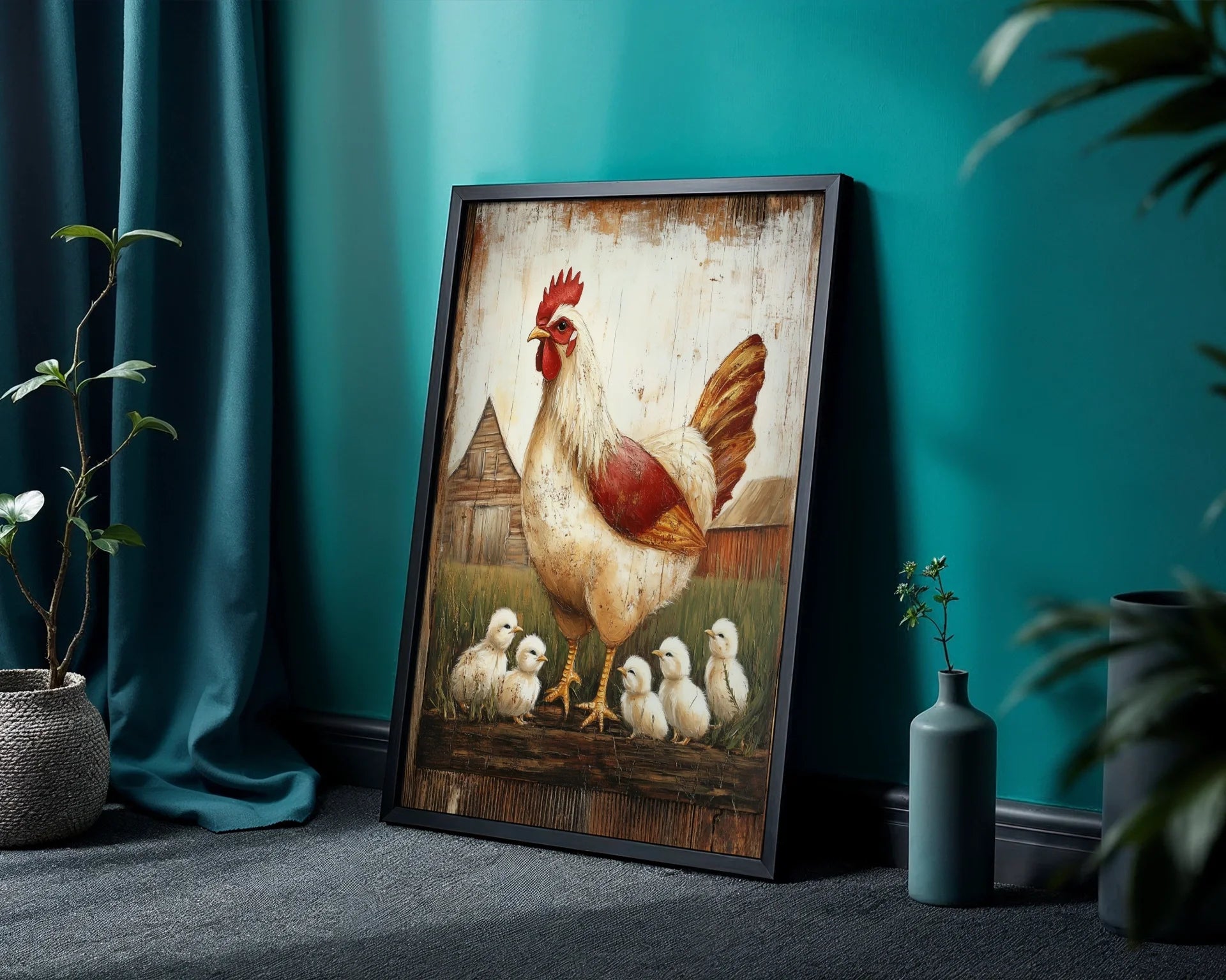 Farmhouse Chicken Art Mother Hen with Chicks Canvas Wall Art — Traditional homestead print featuring caring mother bird with babies in vintage setting