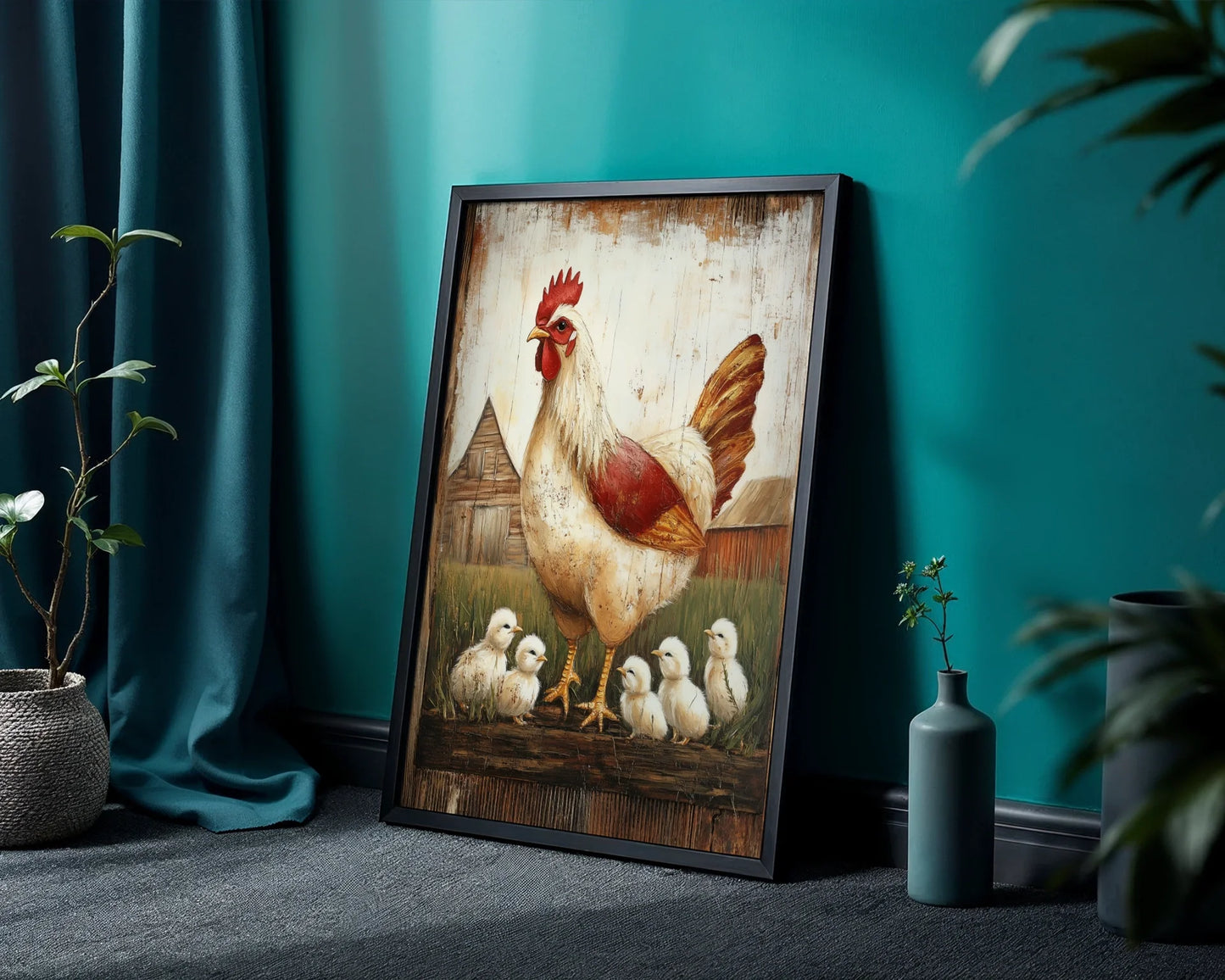 Farmhouse Chicken Art Mother Hen with Chicks in room