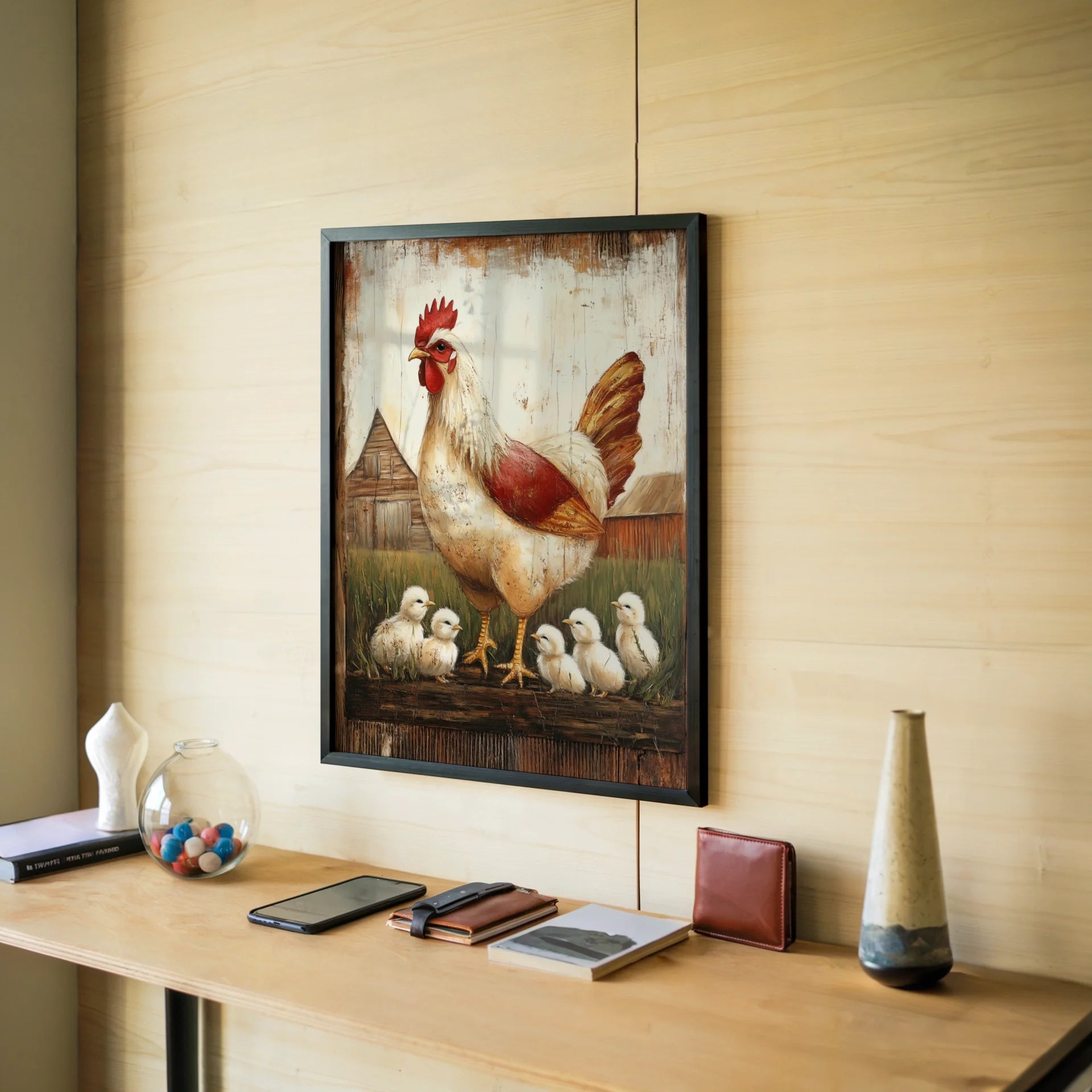 Farmhouse Chicken Art Mother Hen with Chicks in room