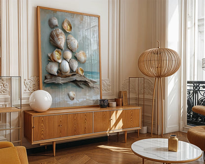 Coastal Seashell Driftwood Gold Leaf Textured Canvas Wall Art — Weathered shore elements with metallic accents displayed in minimalist beach house styling