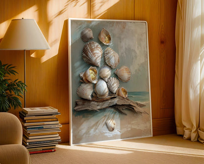 Coastal Seashell Driftwood Gold Leaf Textured Canvas Wall Art — Maritime artwork showcasing opulent ocean finds for sophisticated waterfront home aesthetics