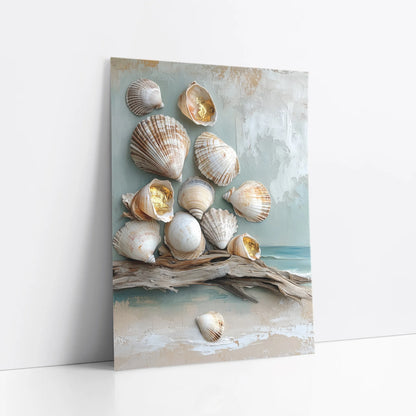 Coastal Seashell Driftwood Gold Leaf Textured art print