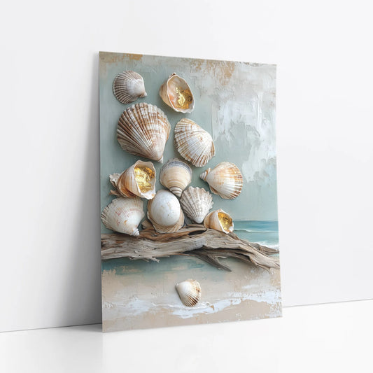 Coastal Seashell Driftwood Gold Leaf Textured art print