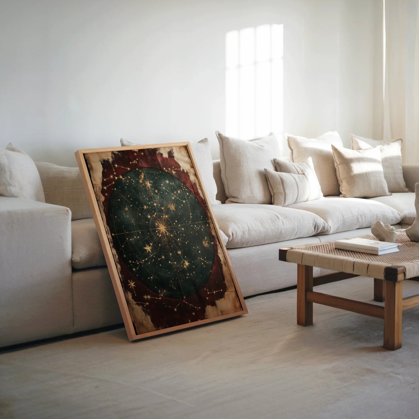 Celestial Navigation Star Map Dark Academia Canvas Wall Art — Literary study artwork features brass-toned astrolabe design for academic home aesthetics