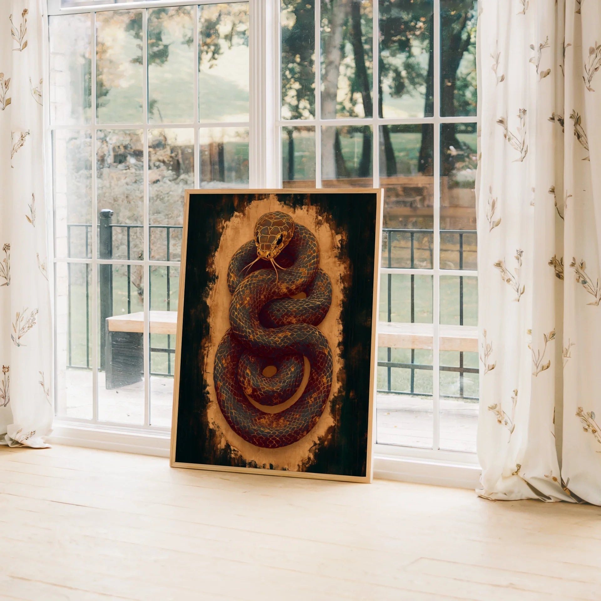 Ancient Serpent Coiled Snake Dark Academia Canvas Wall Art — Atmospheric serpent artwork creates brooding scholarly ambiance in contemporary home decor