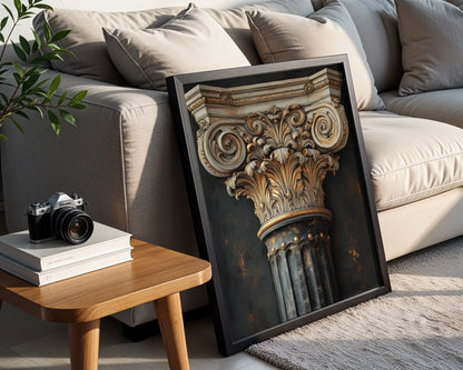 Antique Corinthian Column Capital Gilded Architecture Canvas Art — Ornate canvas showcasing carved stone pillar with decorative scrollwork for sophisticated interior design