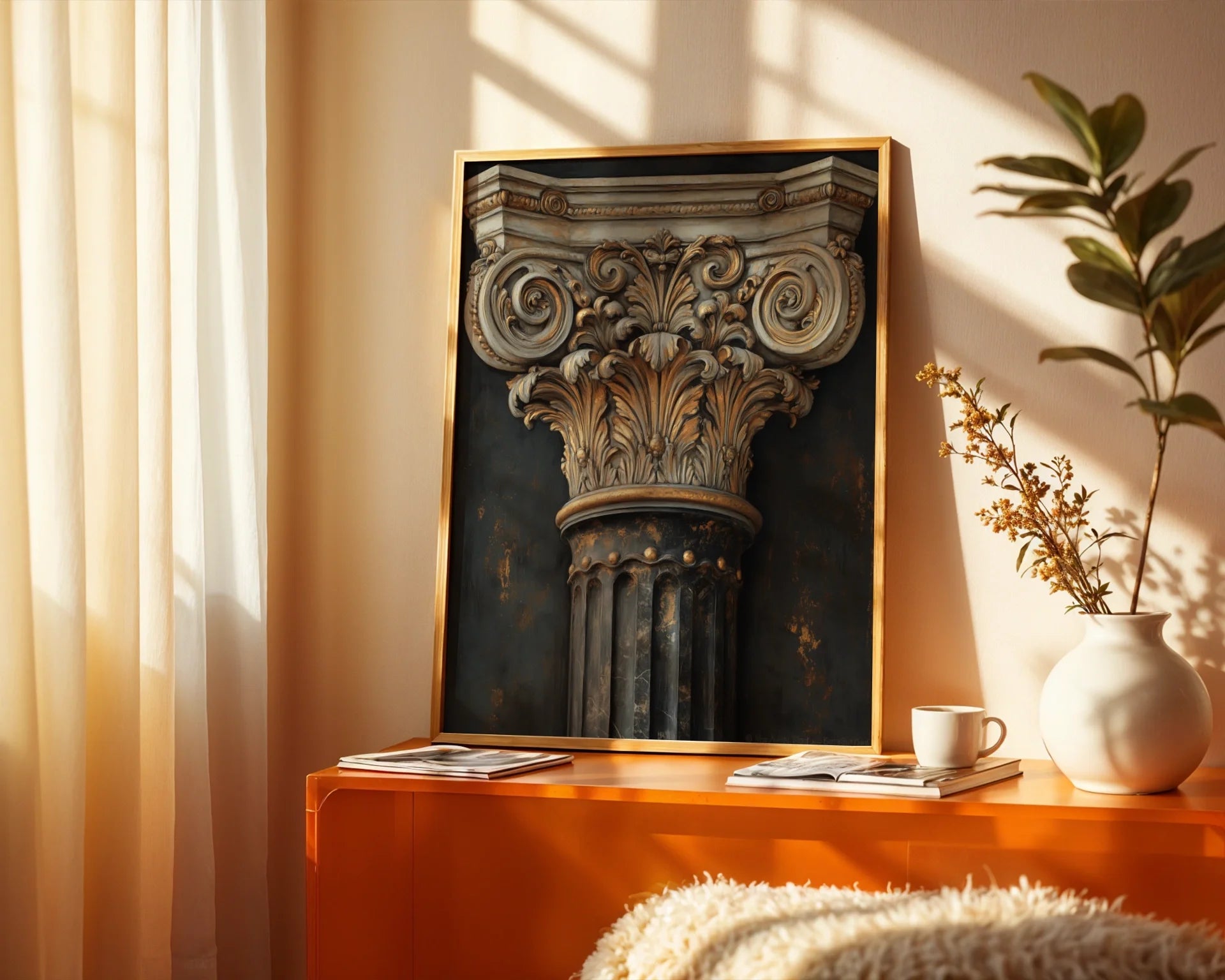 Antique Corinthian Column Capital Gilded Architecture Canvas Art — Ornamental stonework canvas print showcasing detailed carved elements for refined interiors