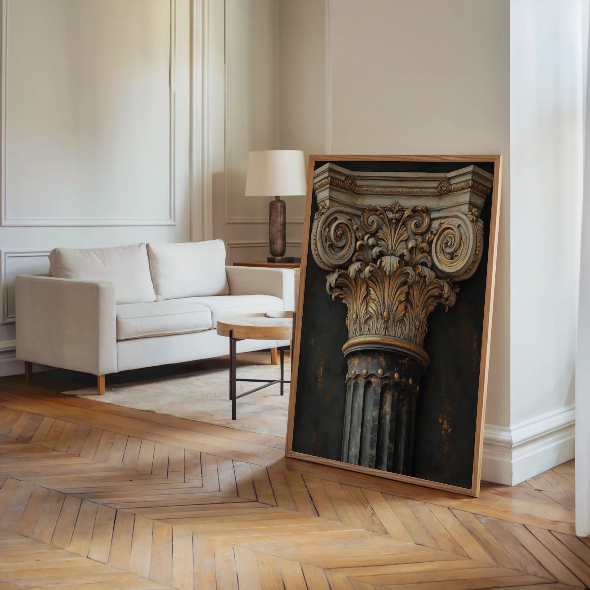Antique Corinthian Column Capital Gilded Architecture Canvas Art — Sophisticated pillar detail artwork featuring carved acanthus motifs for upscale home design