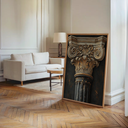 Antique Corinthian Column Capital Gilded Architecture Canvas Art — Sophisticated pillar detail artwork featuring carved acanthus motifs for upscale home design