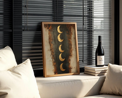 Crescent Moon Phases Boho Gold Textured Canvas Wall Art — Bohemian wall art canvas featuring five golden moons rising through dark stone cracks in stylish home