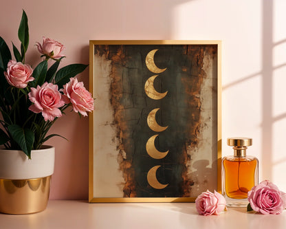 Crescent Moon Phases Boho Gold Textured Canvas Wall Art — Bohemian interior design showcases textured lunar art with metallic highlights on charcoal background