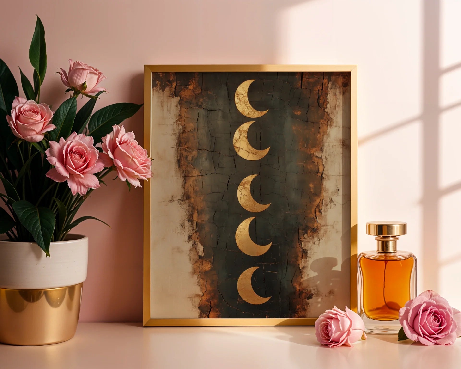 Crescent Moon Phases Boho Gold Textured in room