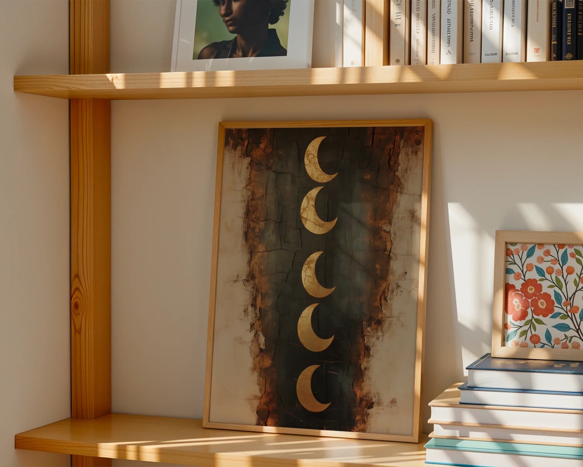 Crescent Moon Phases Boho Gold Textured Canvas Wall Art — Eclectic home decor displays carved temple-inspired canvas with gleaming copper tones and shadow depth
