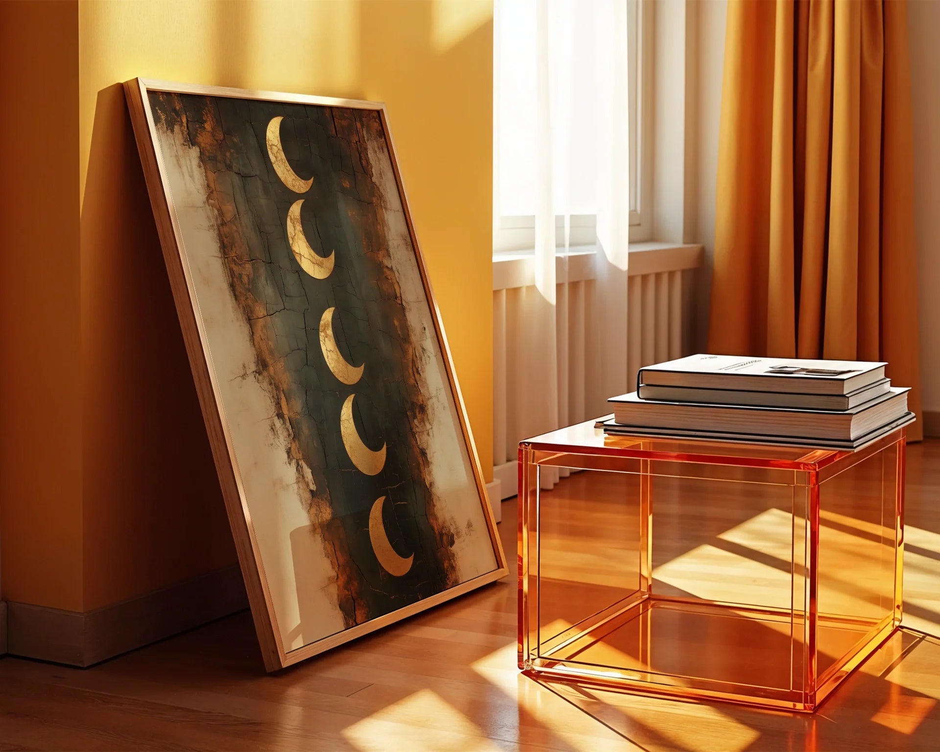 Crescent Moon Phases Boho Gold Textured in room