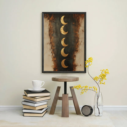 Crescent Moon Phases Boho Gold Textured Canvas Wall Art — Modern boho home decor showcases celestial artwork with honey-colored shapes on midnight canvas
