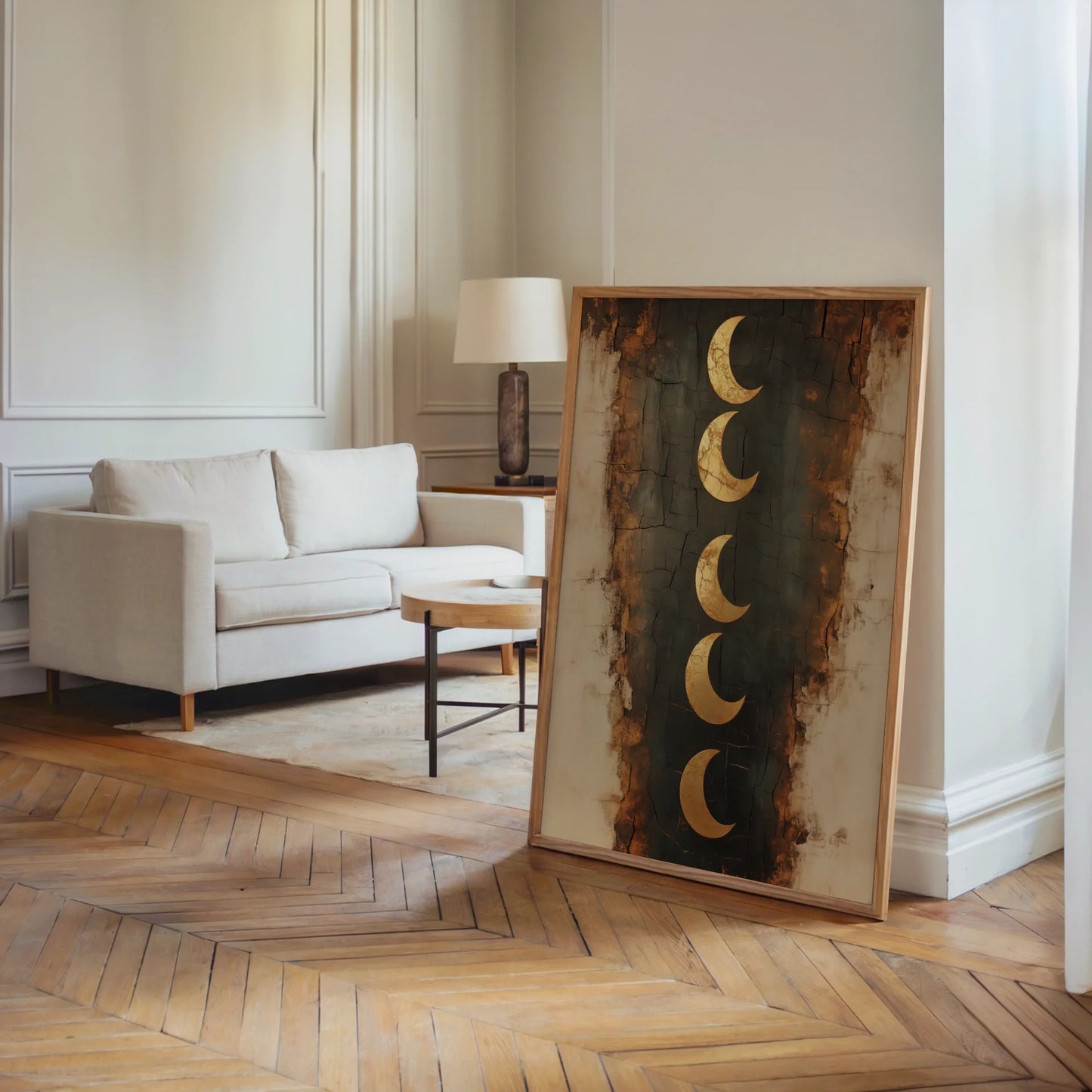 Crescent Moon Phases Boho Gold Textured Canvas Wall Art — Burnt sienna and obsidian canvas art creates dramatic contrast in contemporary home interior design