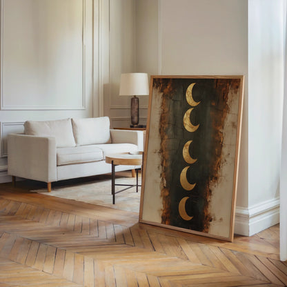 Crescent Moon Phases Boho Gold Textured Canvas Wall Art — Burnt sienna and obsidian canvas art creates dramatic contrast in contemporary home interior design