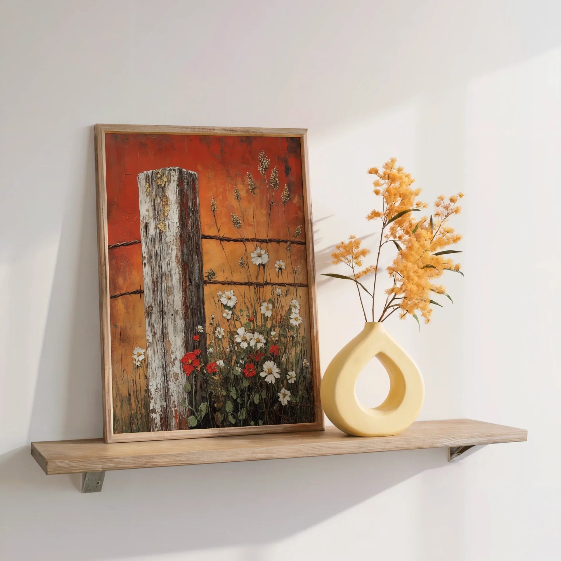 Farmhouse Wildflower Fence Cosmos Blooms Rustic Canvas Wall Art — Shabby chic wall canvas showing distressed fence timber with climbing floral elements for cozy interiors