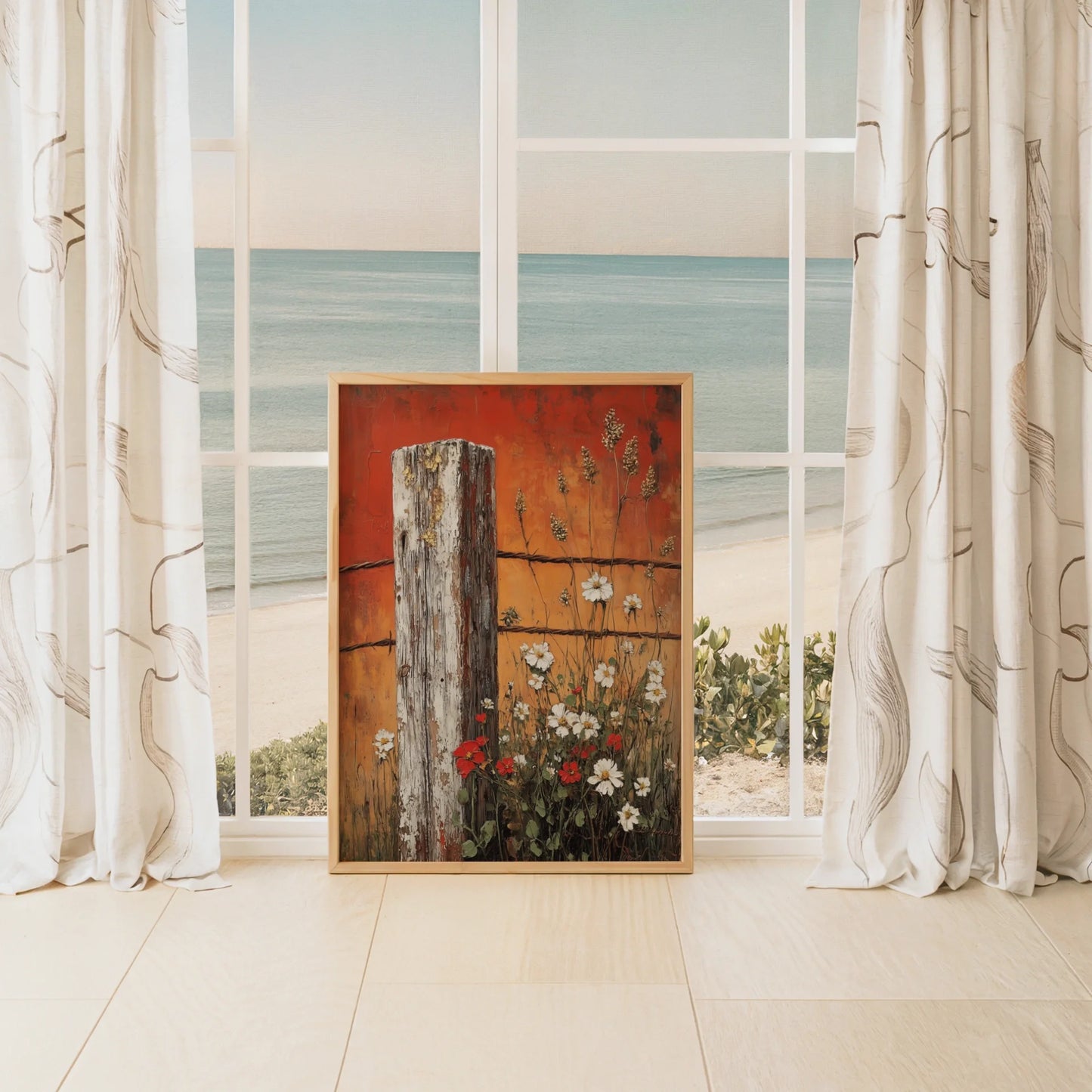 Farmhouse Wildflower Fence Cosmos Blooms Rustic Canvas Wall Art — Warm terracotta and cream toned canvas with textured paint strokes creating dimensional fence post art