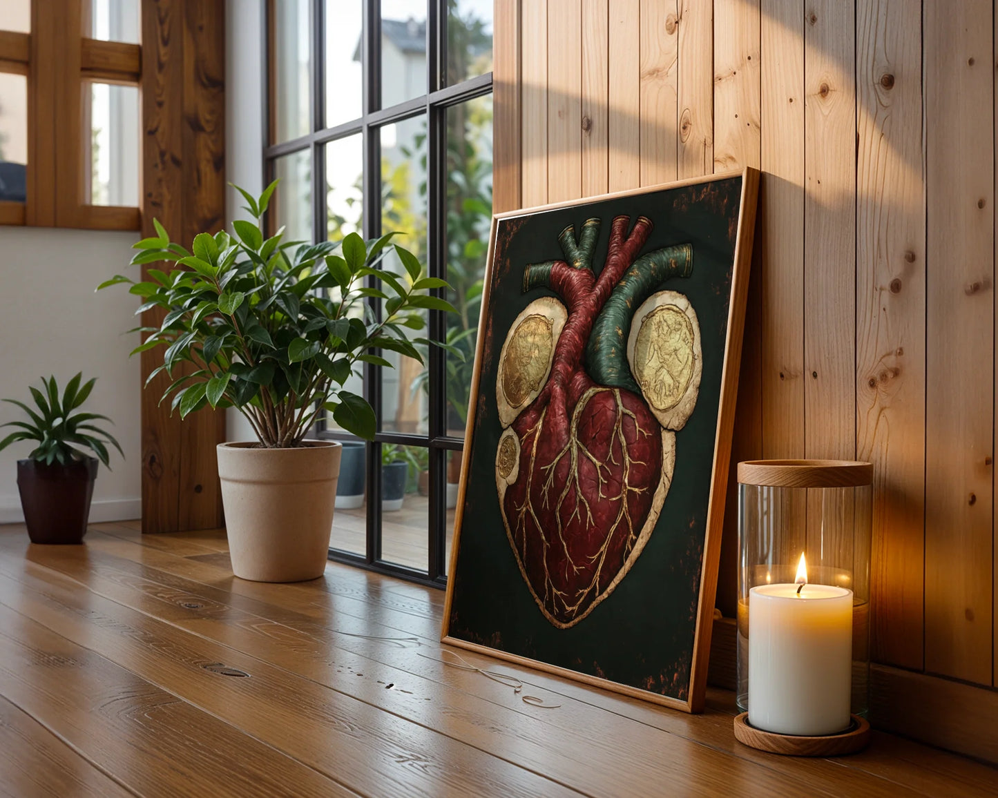 Anatomical Heart Cross Section Golden Vessels Canvas Wall Art — Scholarly artwork displays intricate cardiac anatomy with illuminated details in moody academic interior